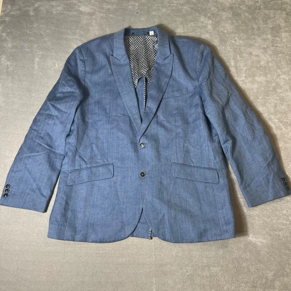 Robert Graham Mens Blue Linen Wool Herringbone Blazer Sport Coat 46